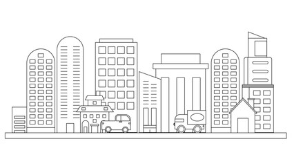 Black and white vector outline cityscape on white background, modern city skyline, city silhouette, vector illustration in flat design