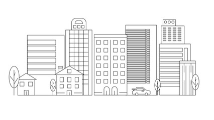 Black and white vector city line with building in outline style background