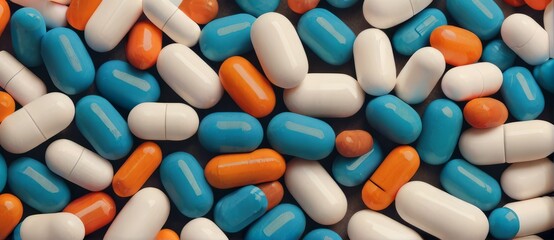 Medicine pills background. Generative AI technology.	
