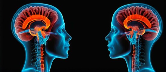 X-ray on two human head and brain. Generative AI technology. - obrazy, fototapety, plakaty