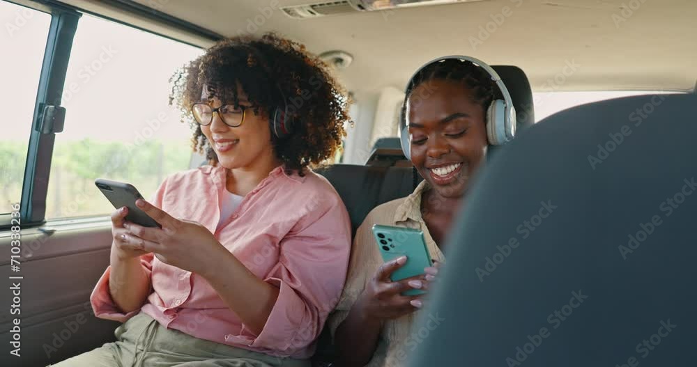 Poster Phone, music and friends in car for road trip, travel or journey together on summer vacation. Smile, social media and headphones with young women on mobile app in vehicle for holiday transportation