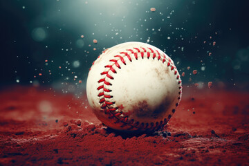 Baseball ball on the background of a baseball field with dust.