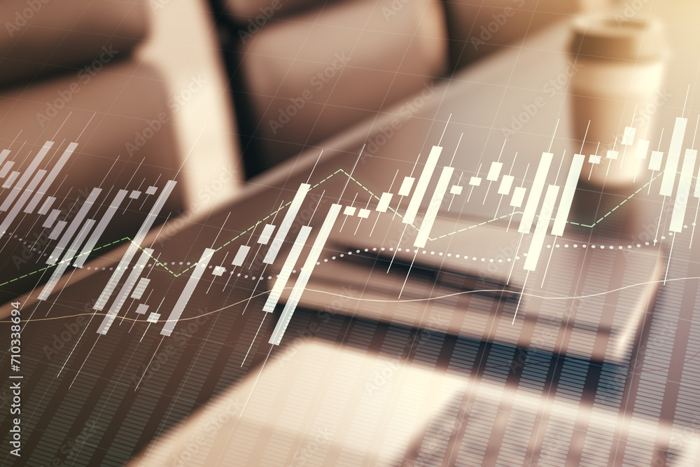 Poster multi exposure of abstract creative financial chart on computer background, research and analytics c