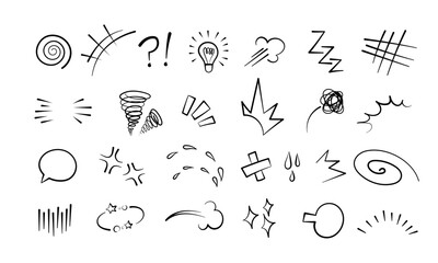 Manga or anime comic emoticon element graphic effects hand drawn doodle vector illustration set isolated on white background. Cartoon style manga doodle line expression scribble anime mark collection.