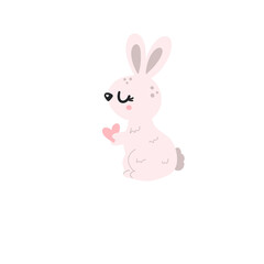 Cartoon pink rabbit with heart isolated on white