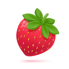 3D red strawberry. Shiny strawberry fruit. Sweet fruit that is refreshing in summer. 3D Vector Illustration.