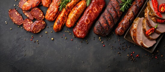 Assortment of vegan meat, viewed from above with space for text.