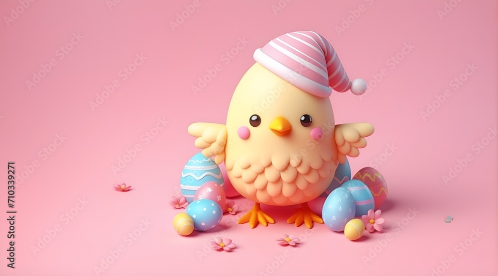 Wall mural 3d cute easter chick on pink background