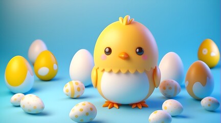 3d cute Easter chick on blue background