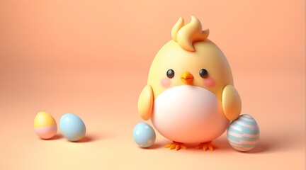3d cute Easter chick on peach background