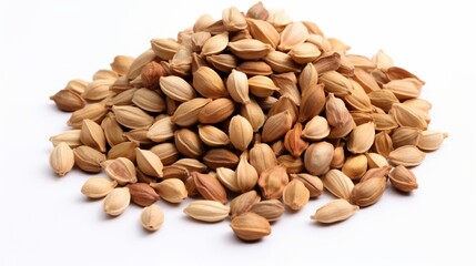a pile of cardamon seeds against a white background.