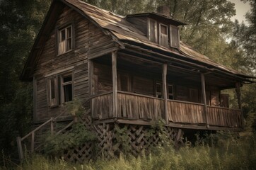 Abandoned wooden house. Intimidating and broken building with green plants. Generate AI