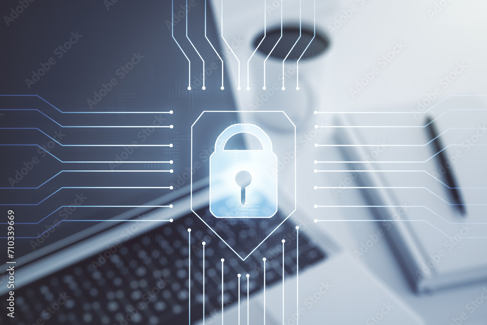 Poster creative idea concept with lock symbol and microcircuit illustration on modern laptop background. pr