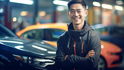 車の横に立つ笑顔の男性 man with a smile standing next to car