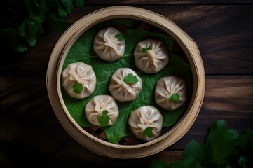 Obraz na płótnie Canvas Bamboo steamer dumplings. Delicious and appetizing dish with fresh greens. Generate AI