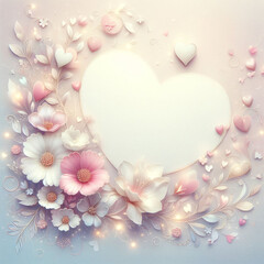 Top view photo with flowers and hearts in light colors, Al Generation - obrazy, fototapety, plakaty