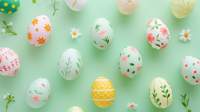 Pattern of Easter eggs with floral decor, adding an elegant touch to green festive decor