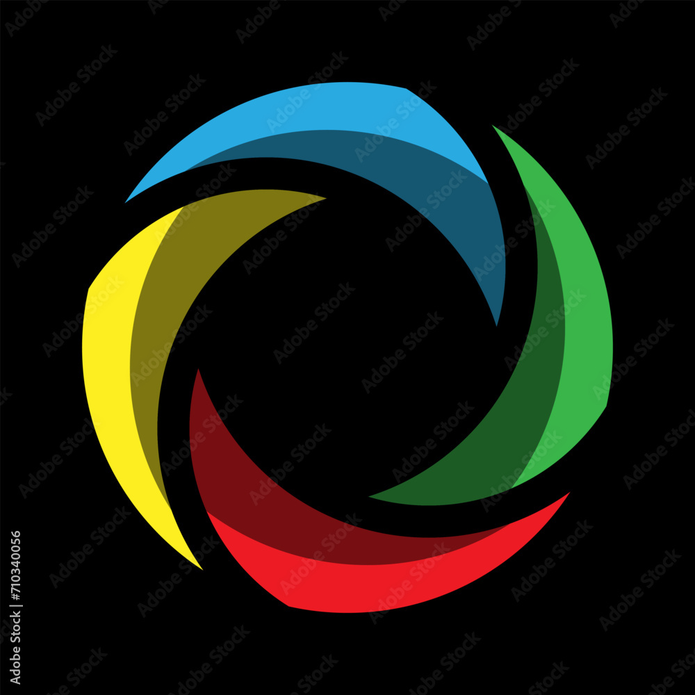 Poster Circle with 4 color segments. Red, Green, Blue and Yellow triangles with dark part inside rotate in circle.