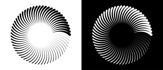 Radial lines of different thickness, as a logo or abstract background. A rotating circle like a loading sign. Black shape on a white background and the same white shape on the black side.