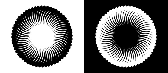 Abstract background with lines in circle. Art design spiral as logo or icon. A black figure on a white background and an equally white figure on the black side.