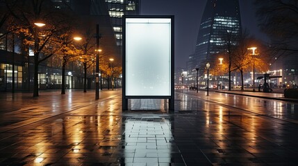 Blank white vertical digital billboard poster on city street bus stop at night, blurred urban background with skyscraper, mockup for advertisement, marketing. AI generative.