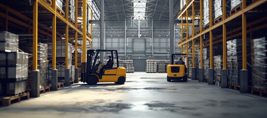 a forklift and cardboard boxes in a warehouse