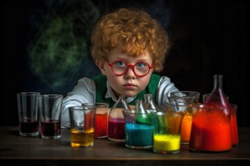 Curious young boy scientist. Amusing and serious child with orange curly hair. Generate AI