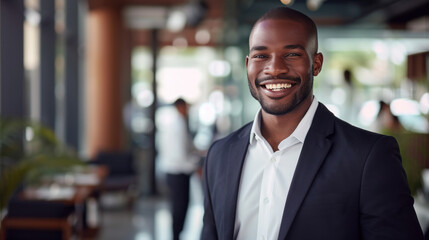 Portrait of a handsome smiling black businessman boss standing in his modern business company office. - Powered by Adobe
