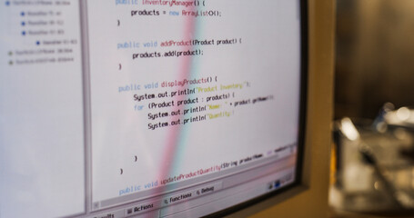 Close Up Shot Of Old Desktop Computer On Work Desk Of Software Developer In Retro Garage. Dated PC Has Operating System Terminal Opened, Prompts Running On Screen, Code Functioning Successfully.