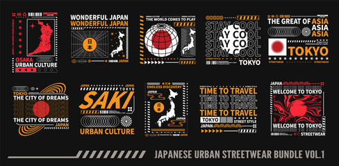 Japanese urban t shirt designs bundle, Japanese streetwear graphic t-shirt design, Japanese poster graphic geometry, Tokyo japan typography, Japanese stock vector, Japanese style - obrazy, fototapety, plakaty