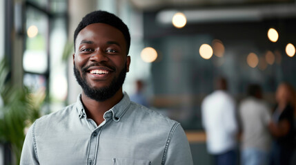 Obraz premium Portrait of a handsome smiling black businessman boss standing in his modern business company office.