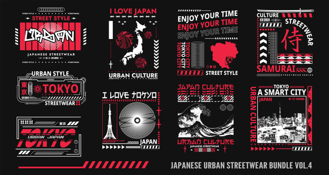 Japanese urban t shirt designs bundle, Japanese streetwear graphic t-shirt design, Japanese poster graphic geometry, Tokyo japan typography, Japanese stock vector, Japanese style elements set