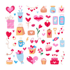 Valentine's Day Hand Drawn Flat Colorful Vector Set. Design Elements and Clipart for Valentine Day Collection. Cute Illustration of Cake, Love Drink, Strawberry, Sweets, Heart, Letter, Envelope.