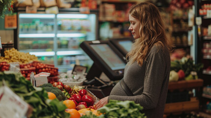 A pregnant woman in a grocery store.