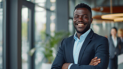Portrait of a handsome smiling black businessman boss standing in his modern business company office.