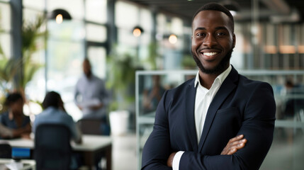 Fototapeta premium Portrait of a handsome smiling black businessman boss standing in his modern business company office.