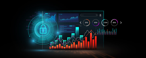 The background image shows a small stock market graph screen showing financial results online. Banner design, advertising media
