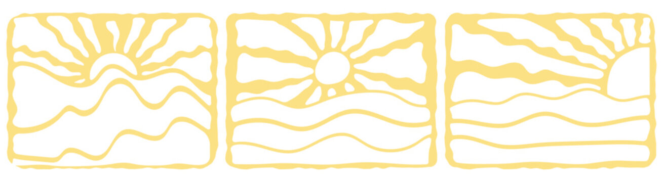 Groovy retro abstract sunset in a sea backgrounds. doodle shapes in trendy naive hippie 60s 70s style. Square wavy vector illustration in yellow colors.