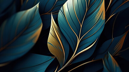 luxury blue leaves and gold leaves, A bunch of leaves with gold foil on them. This elegant, nature-inspired design is perfect for invitations, greeting cards, stationery, and branding materials
