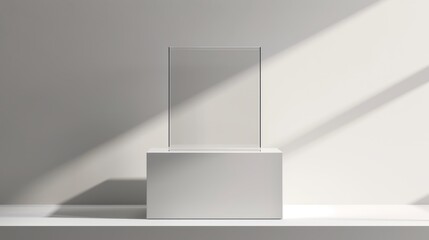 Minimalist Exhibition Space with Transparent Display Case Illuminated by Soft Light Shadows on White Pedestal - obrazy, fototapety, plakaty