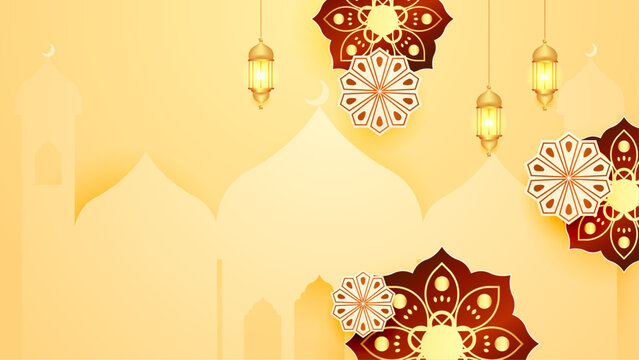 Red gold and yellow vector luxury ramadan background with mandala ornament. Ramadan luxury golden background