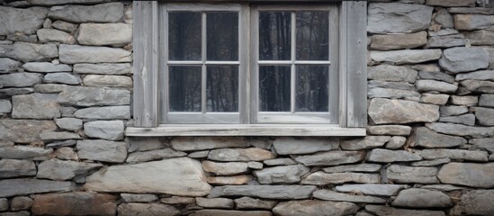 Longstreet Cabin Window: White-dusted wooden frame, gray stone wall.