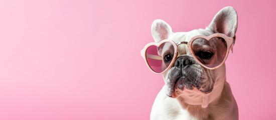 A charming French Bulldog wearing heart-shaped sunglasses brings a touch of whimsy and affection to a vibrant pink backdrop - obrazy, fototapety, plakaty