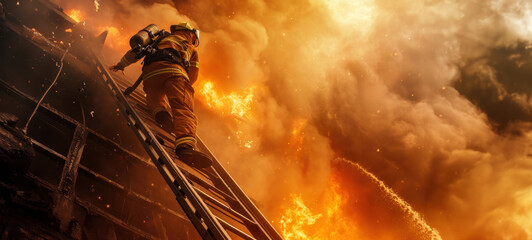 Captured in the throes of action, a firefighter climbs a ladder against a backdrop of fierce flames and billowing smoke