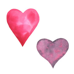 Watercolor set with different hand drawn red Hearts. Illustration with symbols of love for Valentines Day design or wedding invitations cards. Isolated clipart on white background.