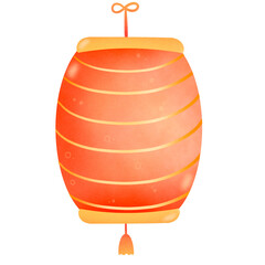 Hand-drawn watercolor illustration of a light red cylindrical lantern, infused with gold color, and with a white circle pattern inside