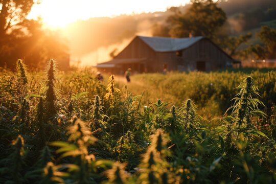A green hemp field in the rays of the setting sun, with a farmer's house on the horizon. Legal cultivation of marijuana for medicinal raw materials.