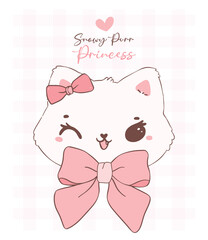 Cute coquette cat face with Valentine fluffy white kitten adorned with pink ribbon bow.