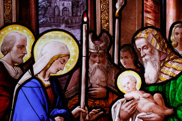 Saint Leonard church.  Stained glass.  The Presentation of Jesus at the Temple. . Honfleur. France.