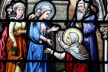 Saint Leonard church.  Stained glass. The Visitation is the visit of Mary, who was pregnant with Jesus, to Elizabeth, who was pregnant with John the Baptist.  Honfleur. France.